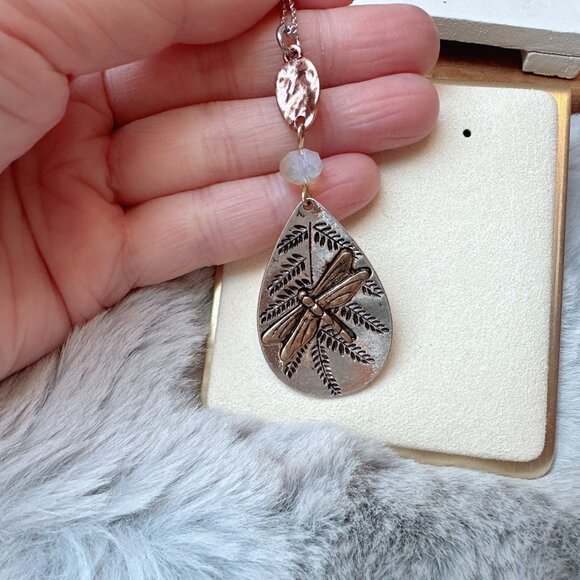 Antique Gold Dragonfly Botanical Pendant Necklace - Picture 2 of 5